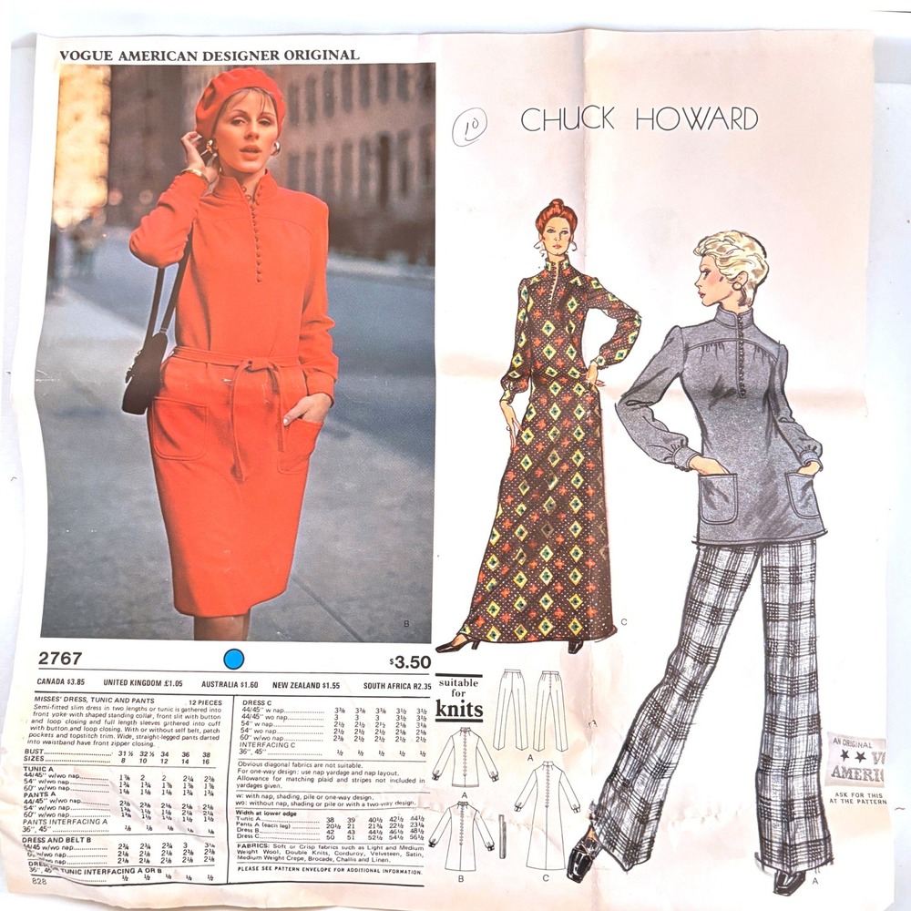 Vogue 2767 Rare 70s Chuck Howard Dress Tunic Dress Pants Maxi10 Catalog Pg Uncut